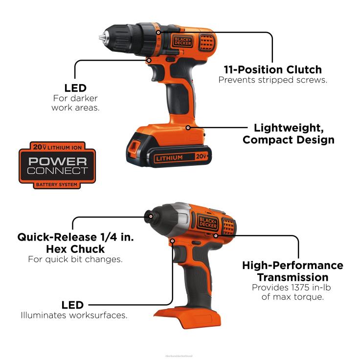BLACK+DECKER N20D540Kit combinado de furadeira sem fio máxima de 20v e chave de impacto com bateria e carregador ferramentas