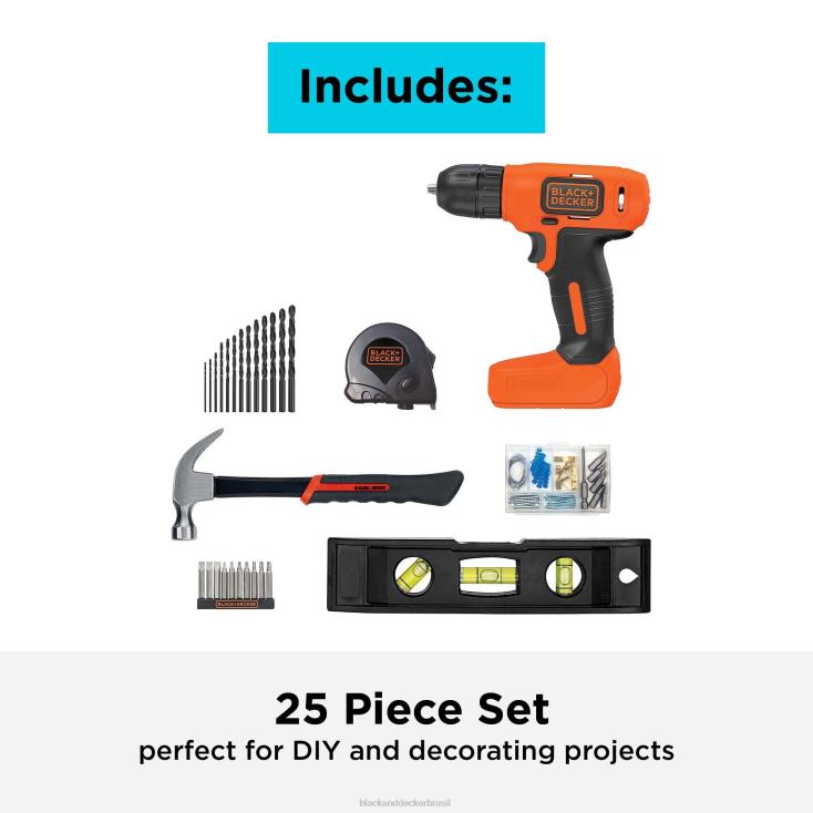 BLACK+DECKER N20D558O kit de projeto pronto para decorar de 8 V máx. inclui furadeira sem fio e ferramentas manuais essenciais ferramentas
