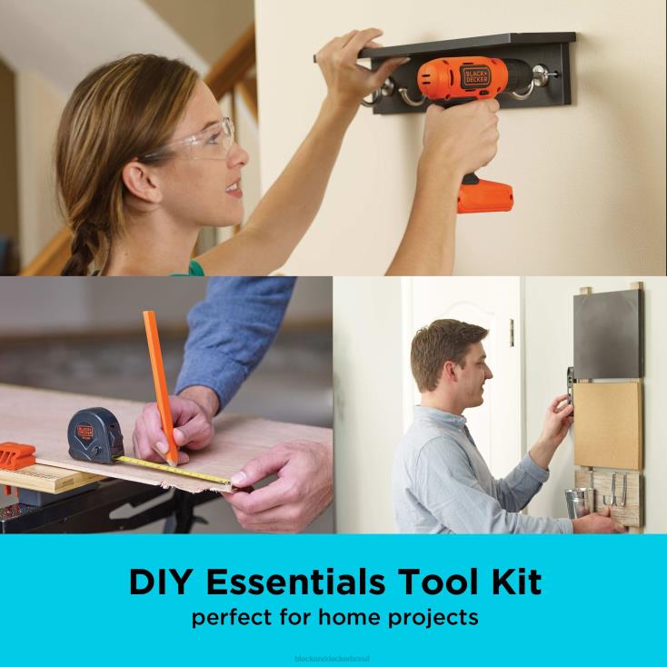 BLACK+DECKER N20D558O kit de projeto pronto para decorar de 8 V máx. inclui furadeira sem fio e ferramentas manuais essenciais ferramentas